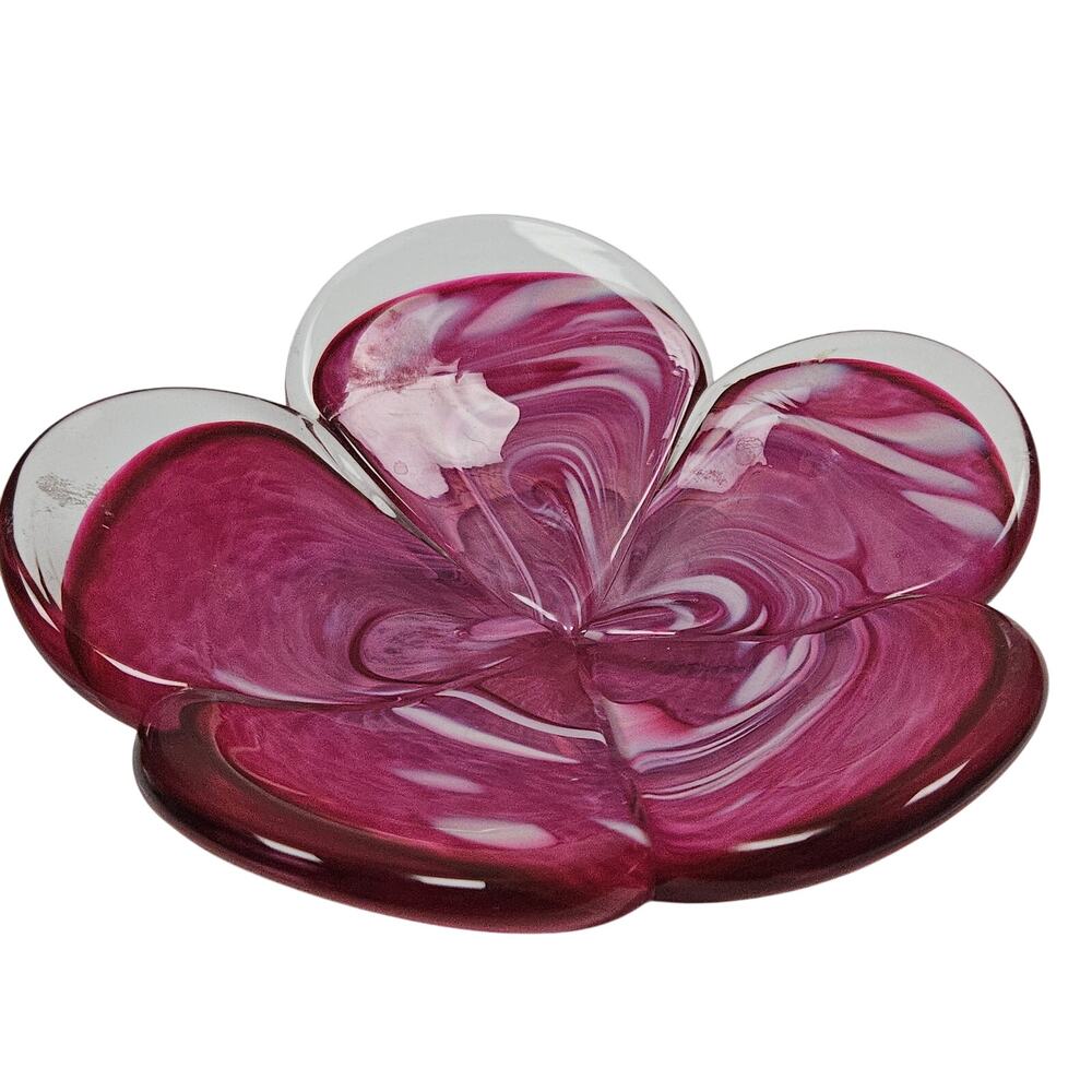 LVB Art Glass Eye Studio Pink & White Affection Flower Dish/Bowl 5" Diameter